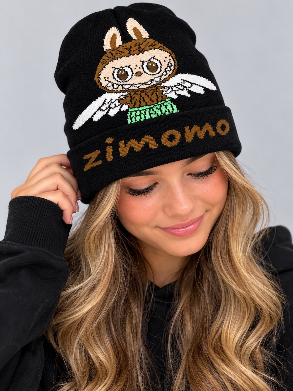 Labubu Character Black Knit Beanie Hat โ Cute Winter Cap